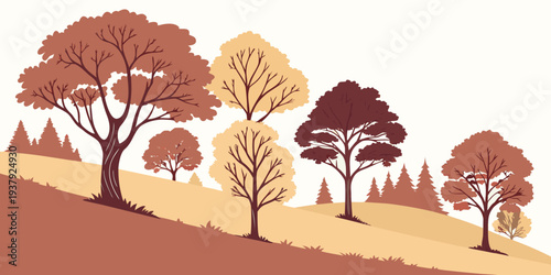 A serene landscape of tall trees standing on a hillside during autumn Vector