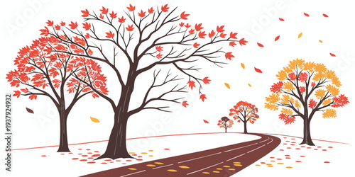 A serene autumn scene with trees shedding their colorful leaves on a path Vector