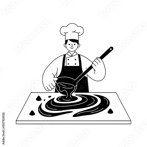 Chocolate tempering line art illustration for confectionery designs or Chef preparing dark chocolate line drawing for food themed compositions
