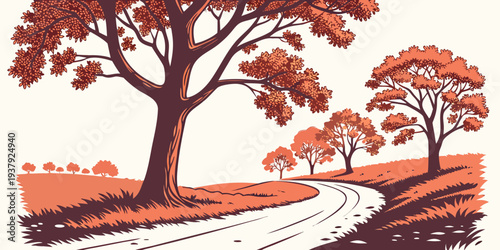 A serene autumn landscape with trees shedding their leaves and a person walking along a path. Vector