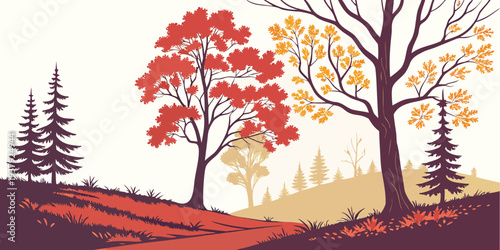 A serene autumn scene with vibrant red and orange trees surrounded by evergreens. Vector
