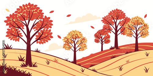 A serene landscape of autumn trees with vibrant red and orange leaves on a gentle hillside Vector