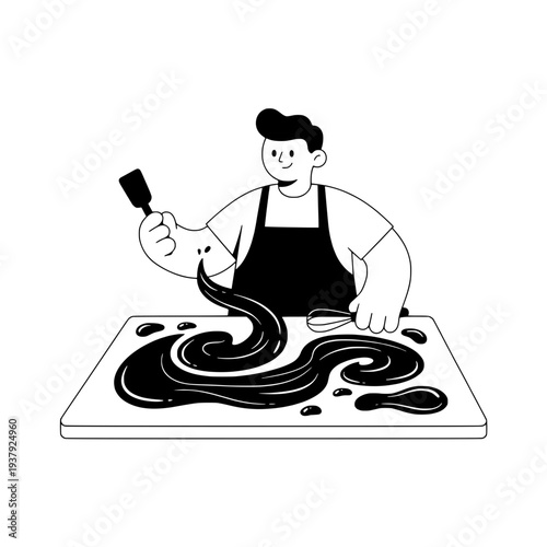 Chocolate tempering process illustration or Confectioner preparing chocolate graphic