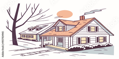 A charming two-story house with a red roof and white walls, surrounded by trees Vector