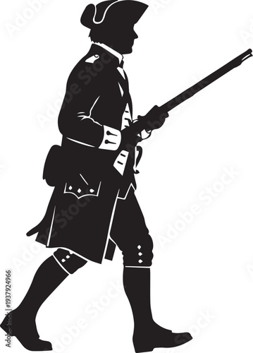 American colonial soldier silhouette walking with musket rifle in historic reenactment