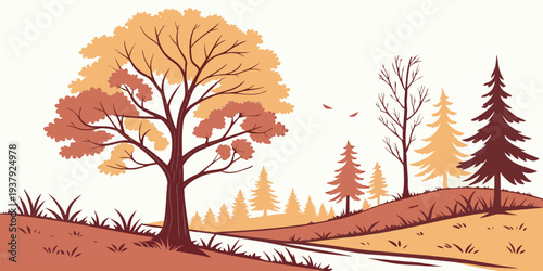 A serene autumn landscape with trees shedding their leaves in a peaceful forest setting. Vector