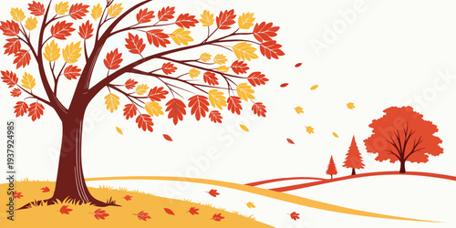A vibrant autumn scene with a tree shedding its leaves and a person walking by Vector