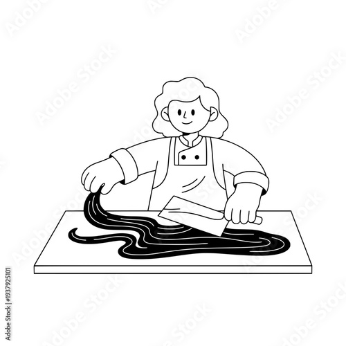 Line art illustration of a chocolatier tempering chocolate or Monochrome minimalist illustration of a confectioner creating dark chocolate
