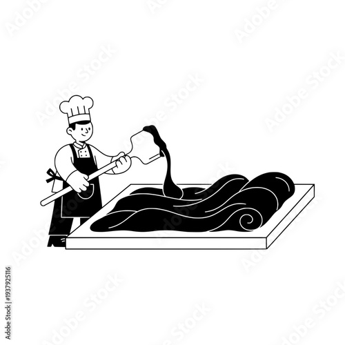 Minimalist Chef Tempering Chocolate Illustration or Contemporary Baker Preparing Dessert Artwork