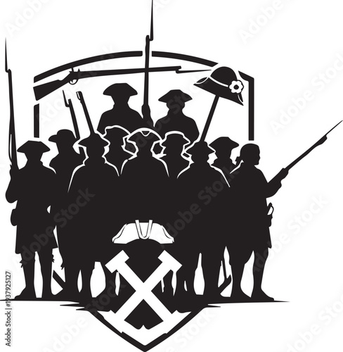 Colonial soldiers vector silhouette illustration line art, revolutionary war