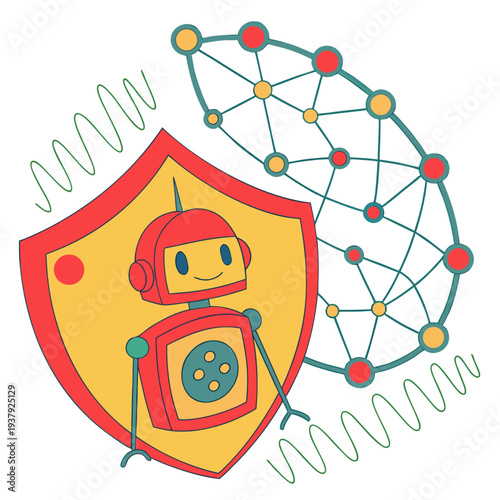 A vibrant graphic of a shield with a robot and a network of interconnected nodes. Vector