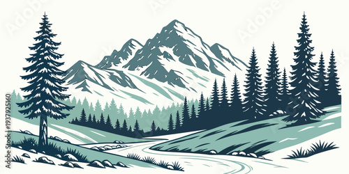 Majestic mountain landscape with dense forest and flowing river Vector