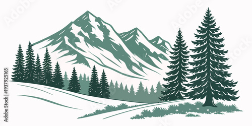 Majestic mountain range with snow-capped peaks and dense forest below Vector