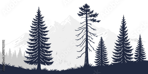 A serene landscape featuring a mountain range with a river flowing through a forest of trees. Vector