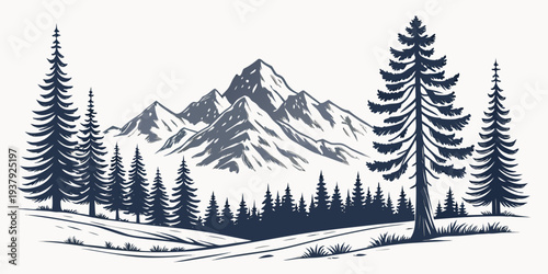 Majestic mountain landscape with dense forest and towering peaks under a clear sky Vector