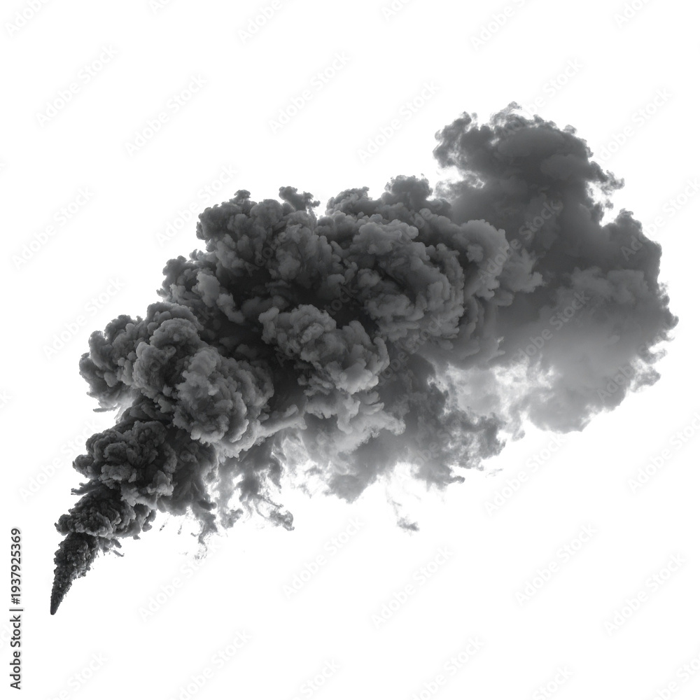 Fototapeta premium Dramatic Smoke Plume Isolated On White Background: A striking plume of dark smoke billows dramatically, showcasing a dynamic interplay of shadows, textures, and atmospheric tension.