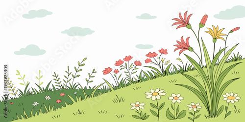 A vibrant field of wildflowers under a clear blue sky with rolling green hills in the background Vector