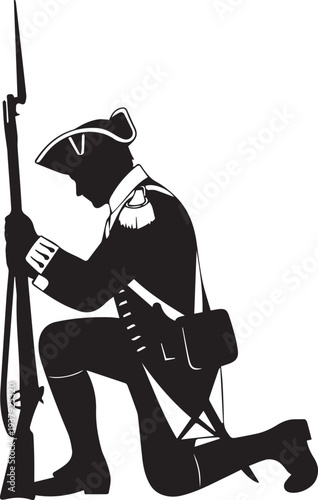 Revolutionary war soldier vector silhouette illustration line art kneeling holding musket historical reenactment