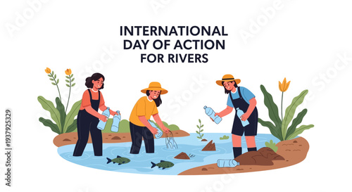 Illustration of people protecting rivers on International Day of Action for Rivers with a focus on river conservation and environmental activism.