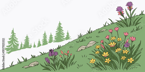 A vibrant and colorful illustration of a hillside garden with various flowers and plants. Vector