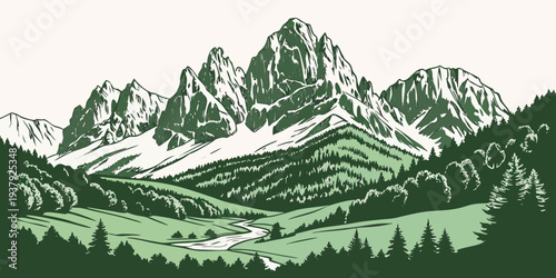 Majestic mountain range with snow-capped peaks and lush green forests below Vector