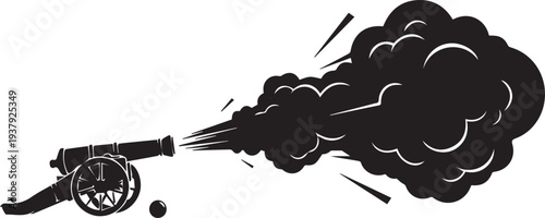 Old fashioned cannon shooting vector silhouette illustration line art military war