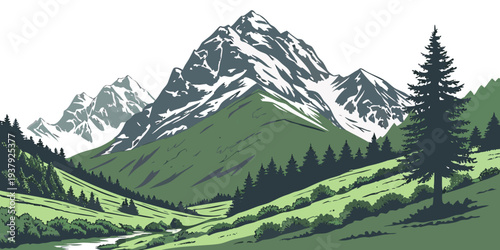 Majestic mountain landscape with snow-capped peaks and lush green valleys below Vector