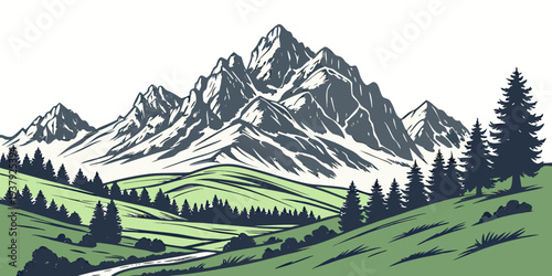 Majestic mountains rise above a serene valley with lush greenery and a winding river Vector