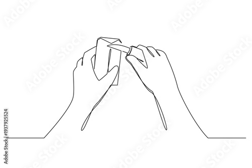 Minimalist line art of hands using a wood carving tool. Handcrafted art concept, one line drawing of wood carving.