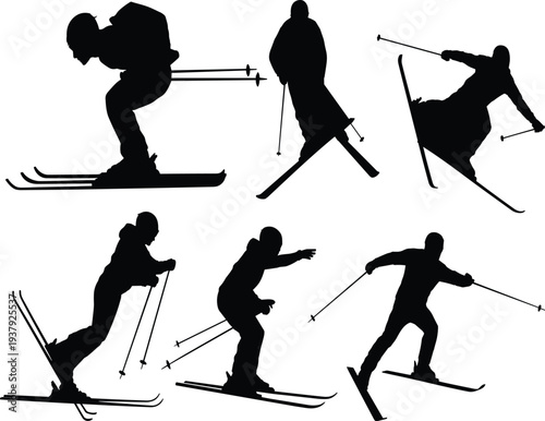 Professional skier silhouettes skiing down snowy mountain slopes, winter sports athletes performing extreme downhill racing maneuvers