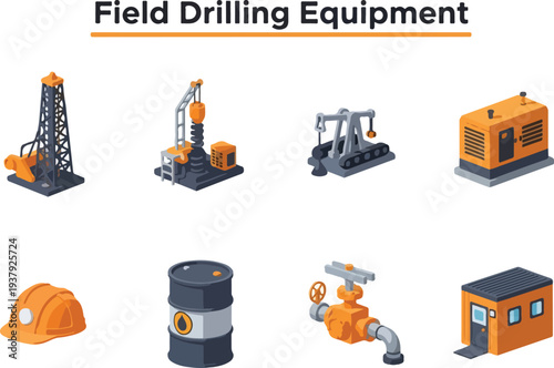 The illustration depicts field drilling equipment including a drill rig pump jack generator helmet oil drum and valve