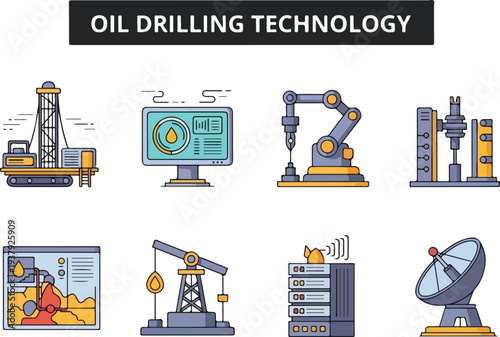 The image displays eight illustrations depicting oil drilling technology a rig monitor robotic arm machinery a diagram pump jack server and satellite dish