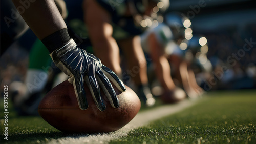 A closeup sports action photography of American football players lining up at the line of scrimmage Hands are placed on the football ready for the snap on a green g