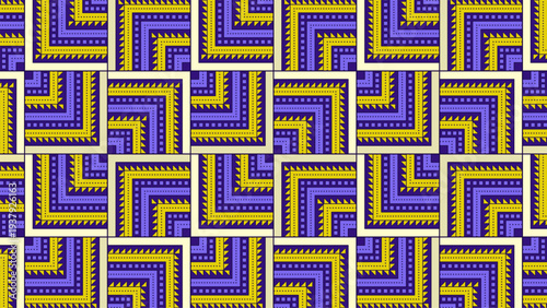 Interlocking Seamless Geometric Pattern with Purple and Yellow colors