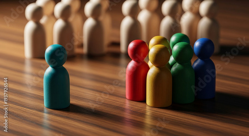 Image of painted wooden figurine, in front of similar figurines. The composition represents individualism, leadership, team, or difference concept