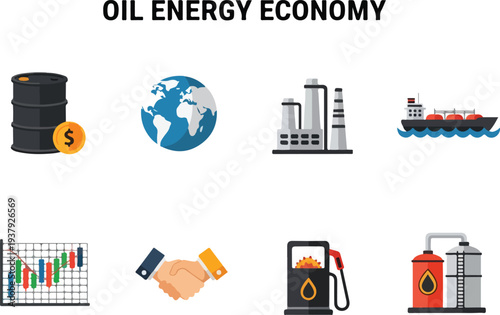 The image displays oil industry icons barrel globe factory tanker graph handshake pump and storage tanks