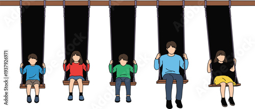 Father and Children Swinging on Playground Swings Family Activity Vector Illustration