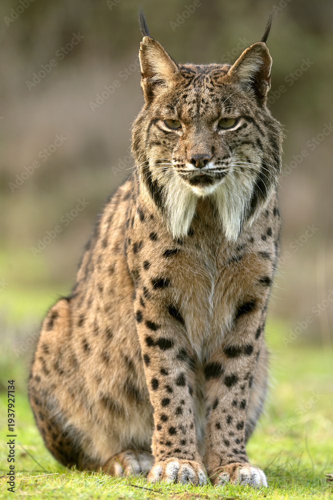 Fototapeta premium Adult male Iberian Lynx stretching and yawning in a Mediterranean forest of oaks and pines in the early light of a winter day