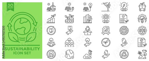 Sustainability icon collection. Contains icons for renewable energy, recycle, eco friendly, solar panel, wind turbine, clean water, climate change.