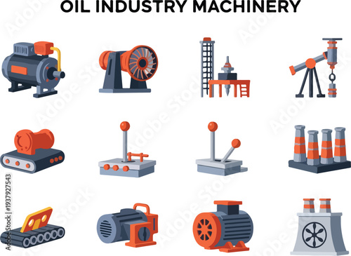 Twelve illustrations of oil industry machinery They depict various equipment like pumps control panels and smokestacks