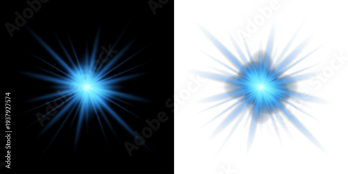 Blue star flashed with sparkles sun isolated on png background. Shining light with blue color. Christmas festive glowing bokeh confetti light and glitter texture overlay for your design.