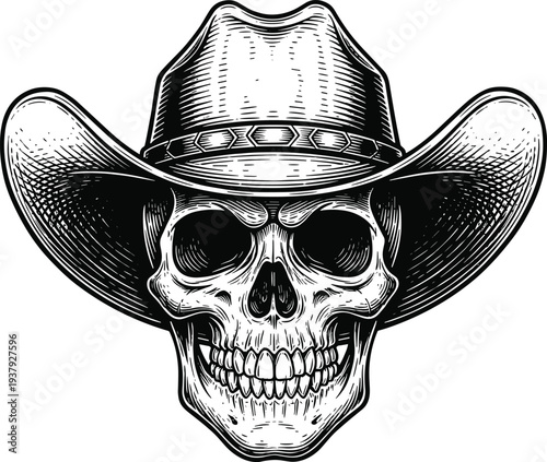 Human skull wearing a classic cowboy hat in a detailed vintage woodcut style for wild west themes outlaw culture and western aesthetic designs