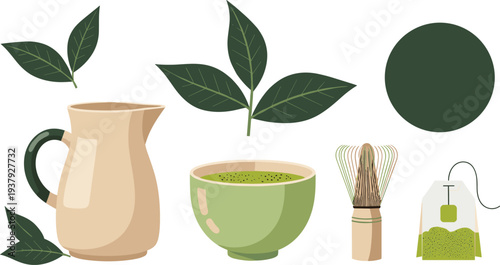 Green Tea Preparation Set with Leaves Teapot Cup and Tea Bag Vector Illustration
