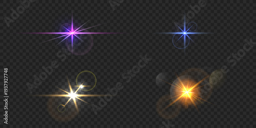 Colorful lens flare light effects set isolated on transparent background