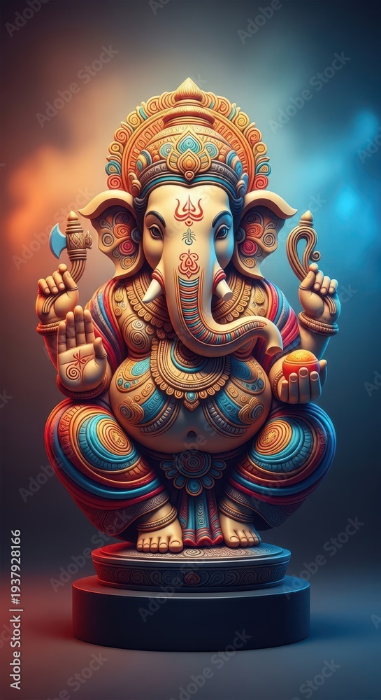 Fototapeta premium A vibrant, intricately carved sculpture of the revered elephant-headed god, symbolizing wisdom, new beginnings, prosperity, and the removal of hurdles, Vibrant, Remover, Elephant