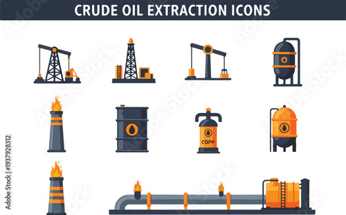 Vector illustrations of oil extraction equipment and processes featuring derricks tanks flames and barrels