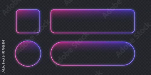 Neon button frame with oval, square and rectangle shapes isolated on black bg, Glow blue green gradient for casino or mobile games. Neon pill mockup for online shop, outline call action banner.	