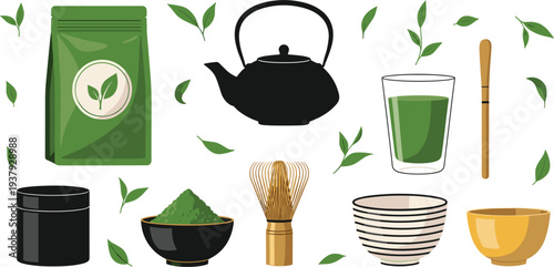 Matcha Green Tea Preparation Set with Teapot Bowl Whisk and Powder Vector Illustration