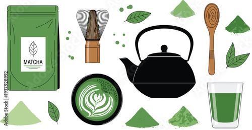 Matcha Tea Preparation Set with Bamboo Whisk Teapot and Powder Flat Vector Illustration