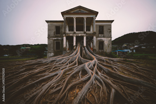 Abandoned Neoclassical Building Being Overtaken by Massive Tree Roots in Surreal Landscape